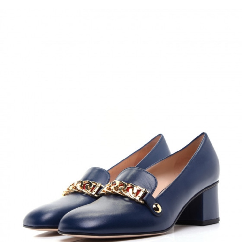 Gucci Navy Loafers with Gold Chain Accent